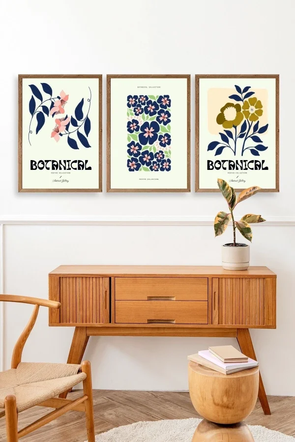 Botanik Üçlü Ahşap Çerçeveli Tablo