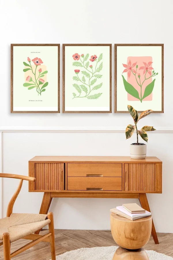 Botanik Üçlü Ahşap Çerçeveli Tablo