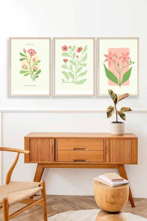 Botanik Üçlü Ahşap Çerçeveli Tablo