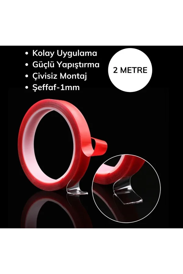 BUFFER® 2 Metre Şeffaf Ekstra Güçlü Banyo Mutfak Posta Ofis Çift Taraflı Akrilik Silikon VHB Bant