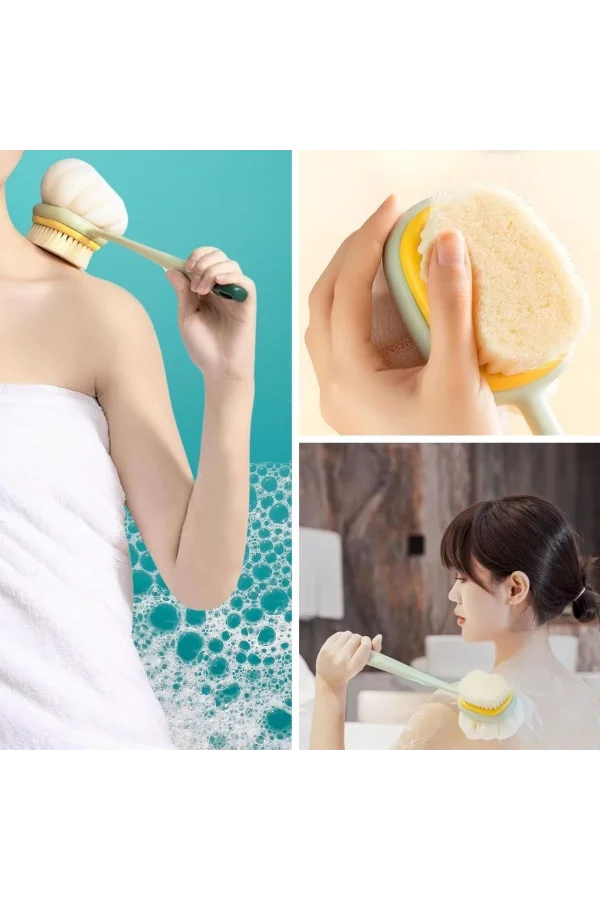 BUFFER®  2si 1 Arada Çift Taraflı Uzun Saplı Fırçalı Banyo Vücut Sırt Fırçası Banyo Lifi