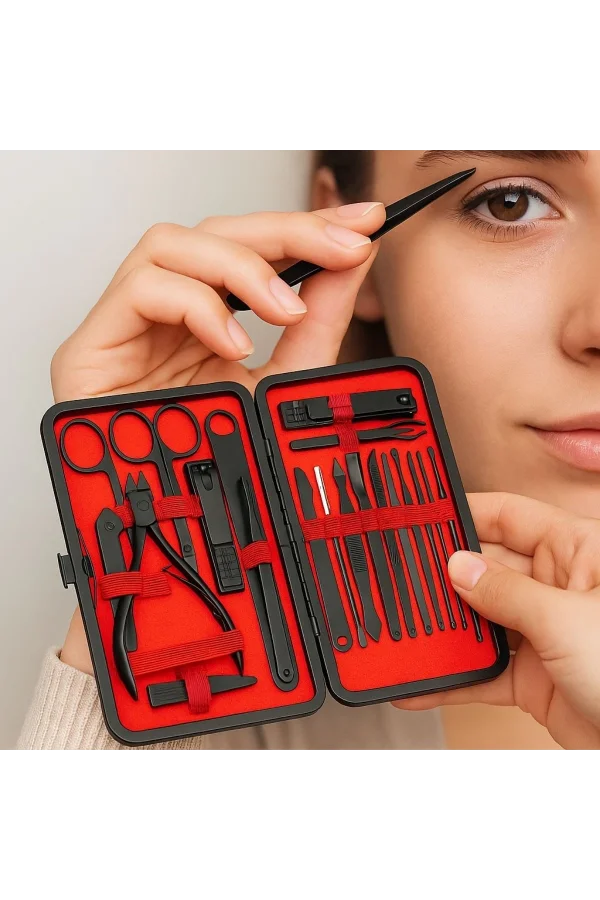 BUFFER® 24 Parça Kendiliğinden Deri Çantalı Seyahat Tipi Manikür Pedikür Seti