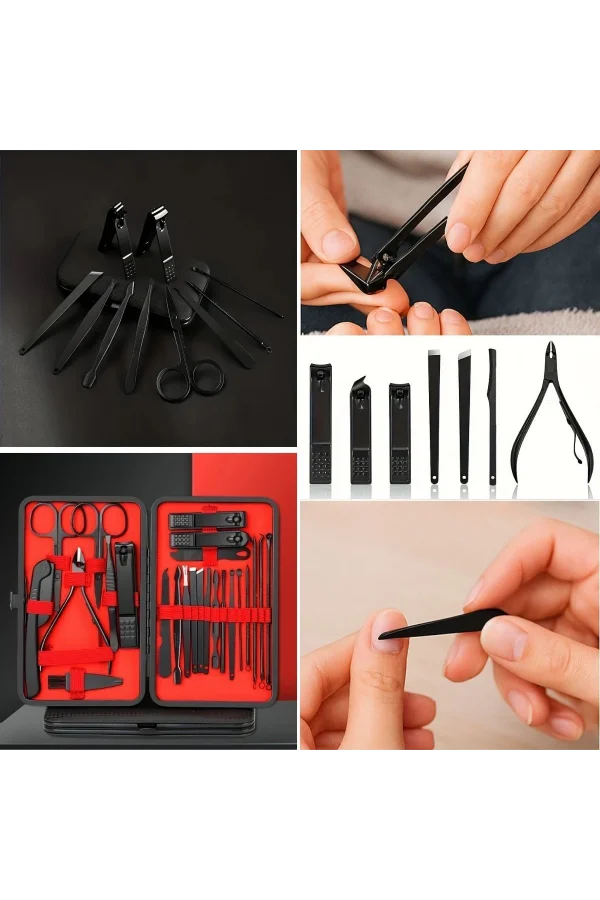 BUFFER® 24 Parça Kendiliğinden Deri Çantalı Seyahat Tipi Manikür Pedikür Seti