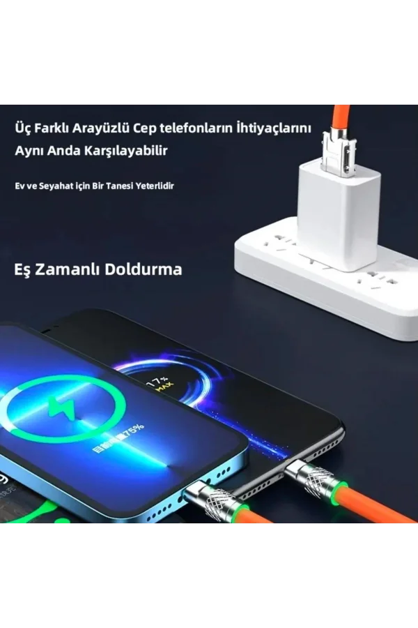 BUFFER® 3 in 1 Type-C + Micro Usb + Lightning Hızlı Şarj Kablosu Silikon Kablo 1 Metre Opp Ambalaj