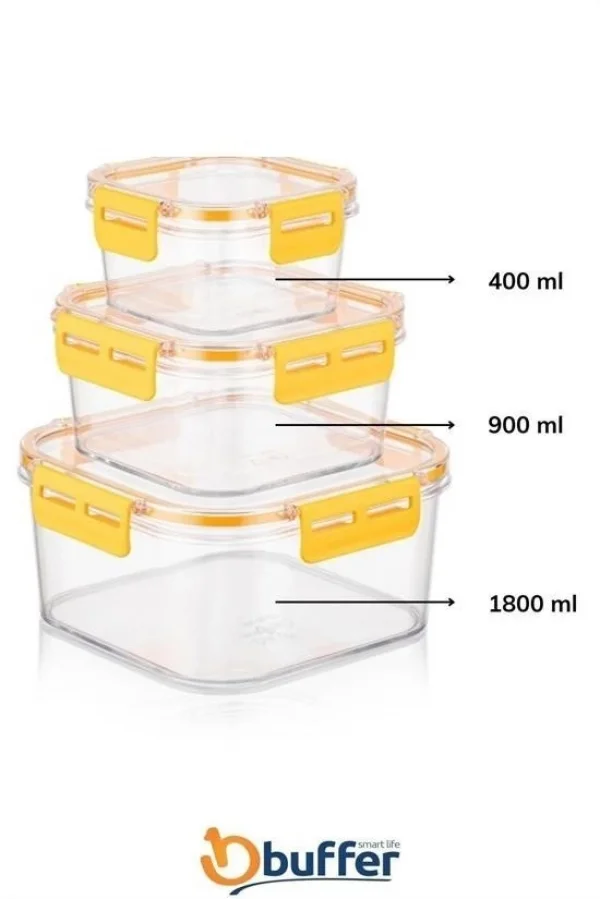 BUFFER® 3lü Pratik Silikon Contalı Sızdırmaz Kapaklı Sağlam İstiflenebilir Saklama Kapları
