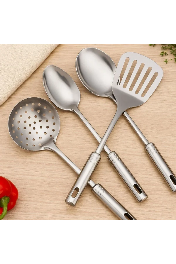 BUFFER® 4lü Çelik Kepçe,Süzgeç,Servis Kaşığı,Spatula Mutfak Yemek Hazırlama Servis Seti