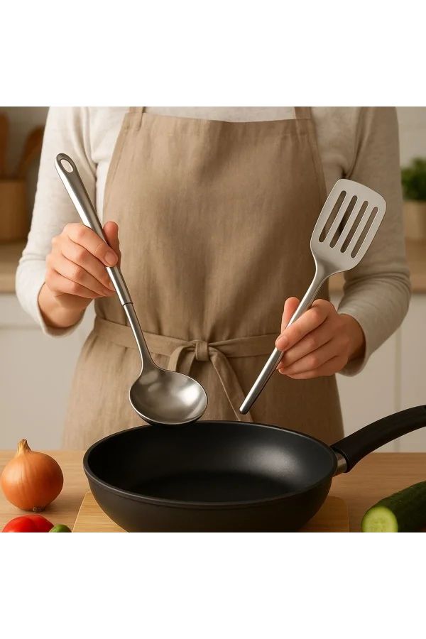 BUFFER® 4lü Çelik Kepçe,Süzgeç,Servis Kaşığı,Spatula Mutfak Yemek Hazırlama Servis Seti