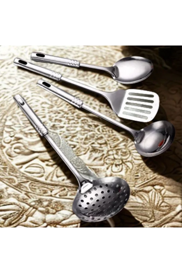 BUFFER® 4lü Çelik Kepçe,Süzgeç,Servis Kaşığı,Spatula Mutfak Yemek Hazırlama Servis Seti