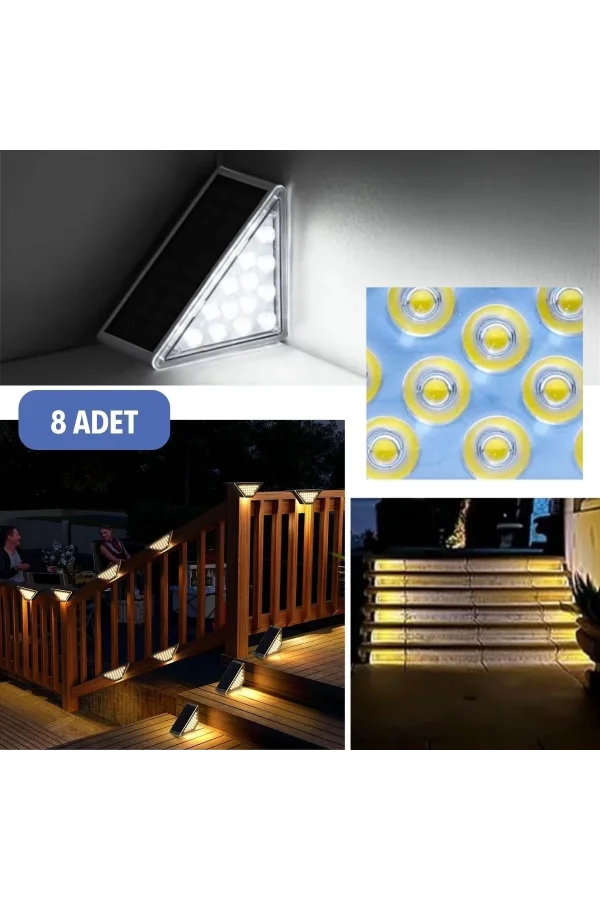 BUFFER® 8 Adet Üçgen  Güneş Enerjisi ile Şarj Olan Dış Mekan Solar Basamak Köşe Lambası
