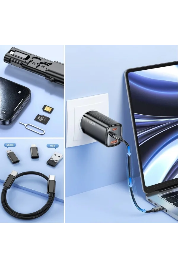 BUFFER® Cep Tipi 60W Bas Aç Type-C,İphone Şarj,Micro USB Hızlı Şarj Data Kablo Seti