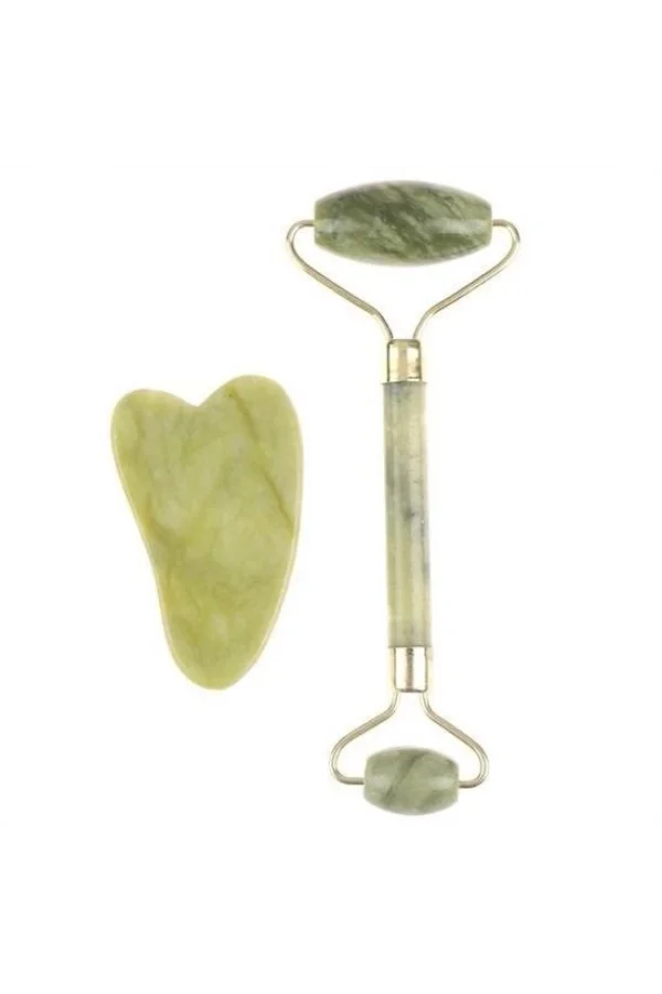 BUFFER® Çift Taraflı 2li Cilt Yüz Masaj Aleti Jade Roller Yeşim  Taşı Seti