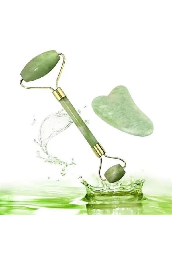 BUFFER® Çift Taraflı 2li Cilt Yüz Masaj Aleti Jade Roller Yeşim  Taşı Seti