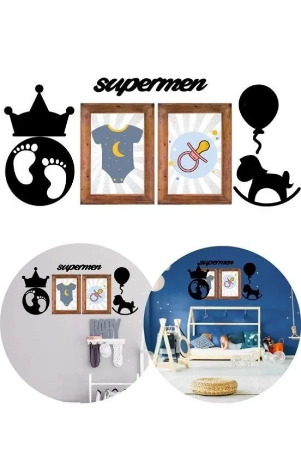 BUFFER® DECO103 Supermen Dekoratif Duvar Süsü Tablo Aksesuar Ahşap Tasarım Hediye Pano Sticker Seti