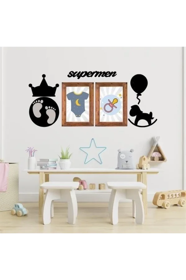BUFFER® DECO103 Supermen Dekoratif Duvar Süsü Tablo Aksesuar Ahşap Tasarım Hediye Pano Sticker Seti