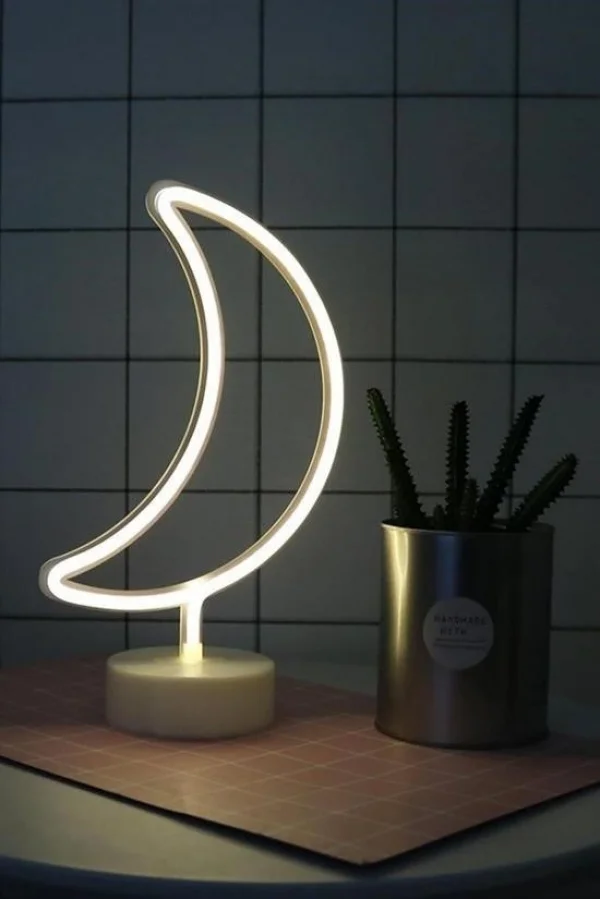 BUFFER® Dekoratif Pilli Ay Tasarımlı 3D Neon Led Masa Ve Gece Lambası