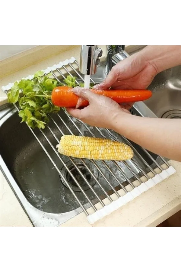 BUFFER® Evye Üstü Katlanır Nihale Paslanmaz Çelik Pratik Sebze Meyve Bulaşık Kurutma Süzgeci