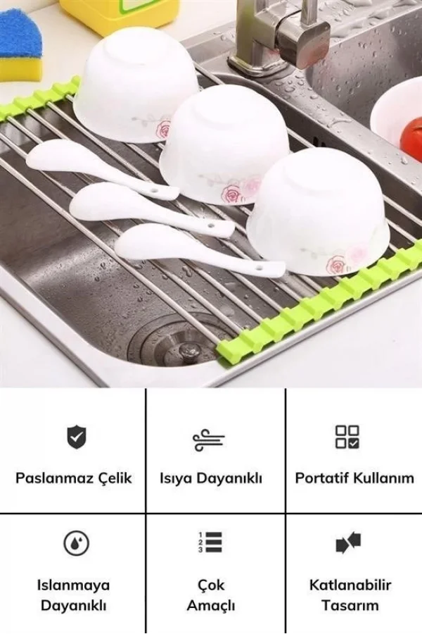 BUFFER® Evye Üstü Katlanır Nihale Paslanmaz Çelik Pratik Sebze Meyve Bulaşık Kurutma Süzgeci