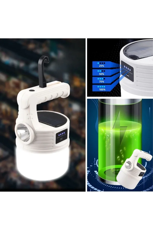 BUFFER® LED Güneş Enerjili Kamp Lambası–2000 Lümen Süper Parlak, 5 Aydınlatma Modlu,USB ile Şarj Edilebilir Dış Mekan,Asılabilir Torch El Feneri