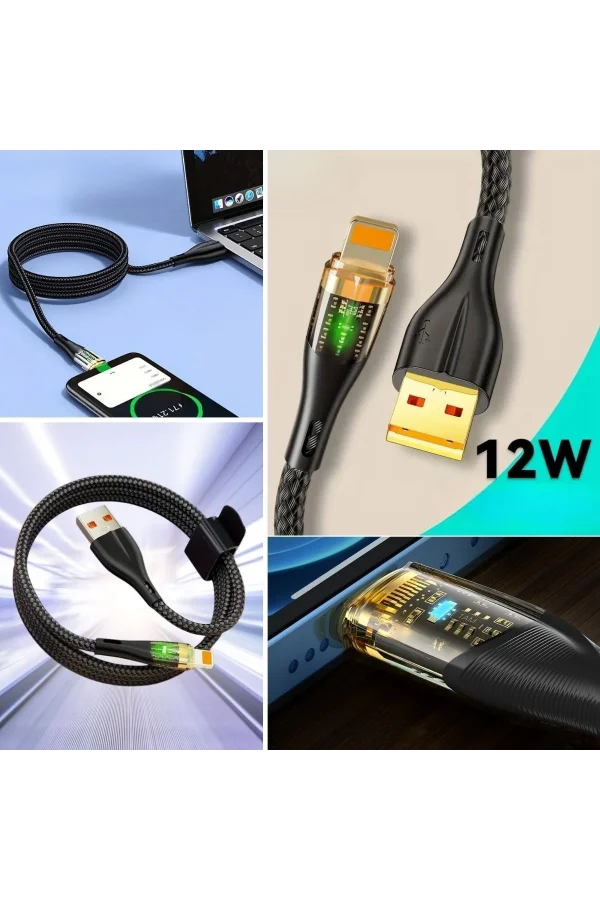 BUFFER® Led Işık Uçlu Sağlam İp Kablolu USB to Lightning Hızlı Şarj Kablosu