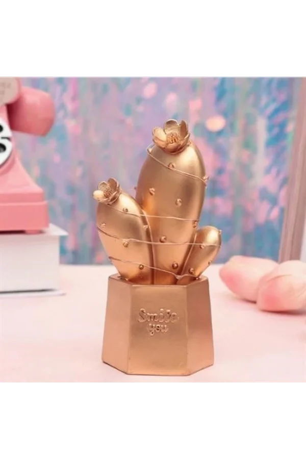 BUFFER® Led Işıklı Sevimli Kaktüs Dekoratif Masa Lambası Mini Biblo Gece Lambası Gold