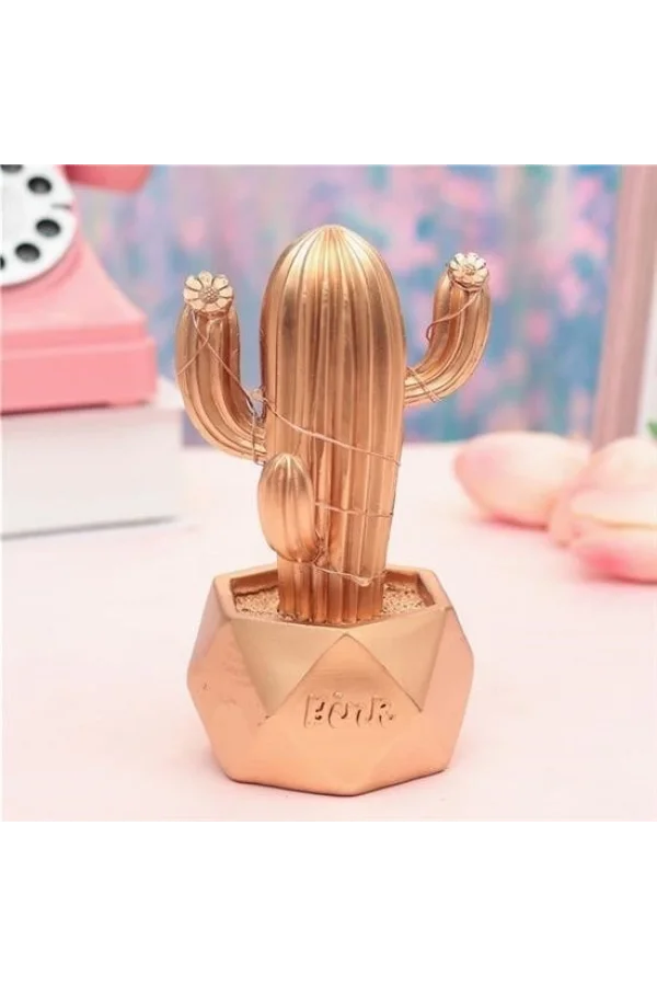 BUFFER® Led Işıklı Sevimli Kaktüs Dekoratif Masa Lambası Mini Biblo Gece Lambası-GOLD