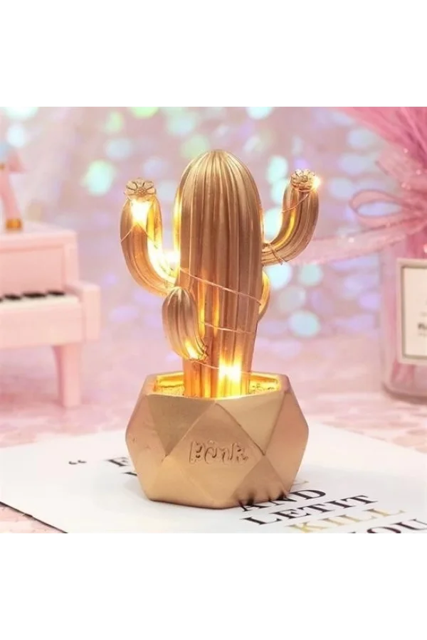 BUFFER® Led Işıklı Sevimli Kaktüs Dekoratif Masa Lambası Mini Biblo Gece Lambası-GOLD