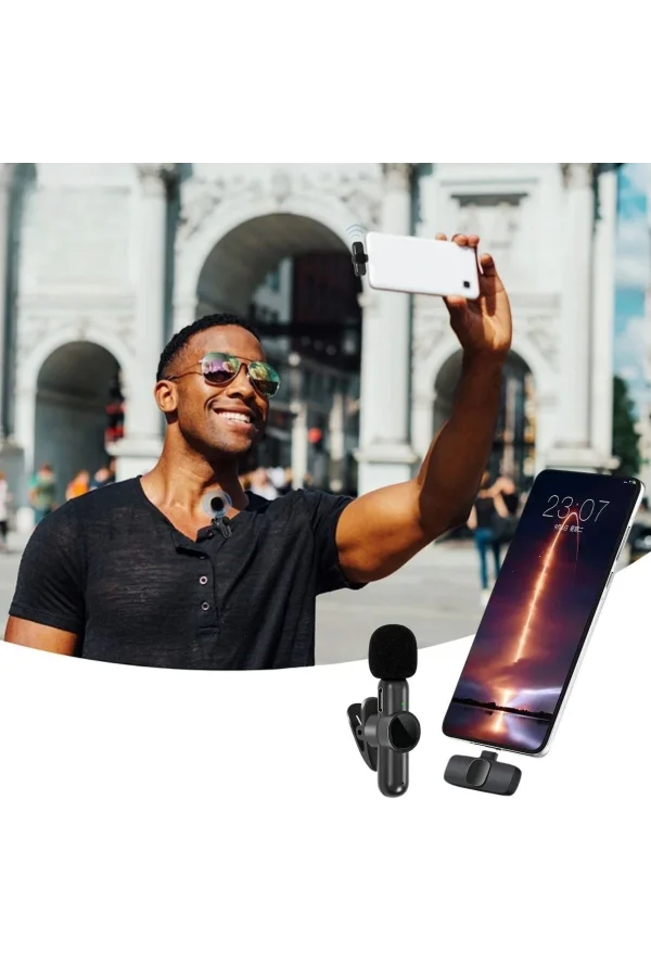 BUFFER® Type C Uyumlu İphone Dönüştürücülü Kablosuz Yaka Mikrofonu Android ve İphone Uyumlu Mini Mikrofon