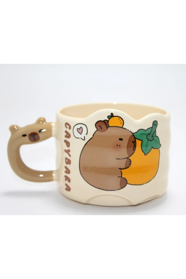 Capybara Figürlü Yayvan Formlu Porselen Kupa Bardak