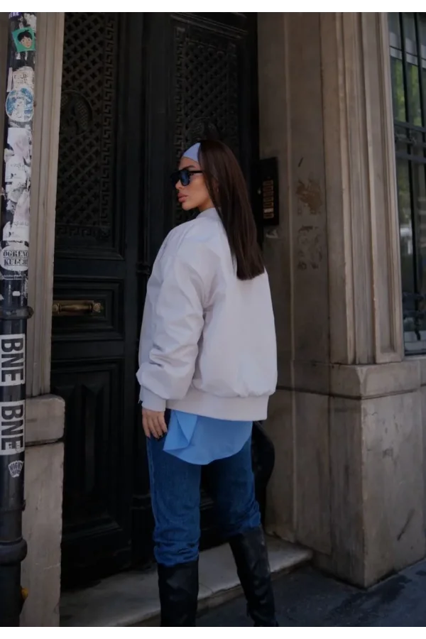 Cepli Bomber Ceket Mont - Beyaz