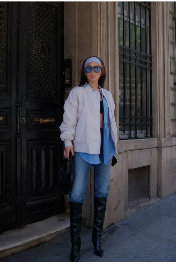 Cepli Bomber Ceket Mont - Beyaz