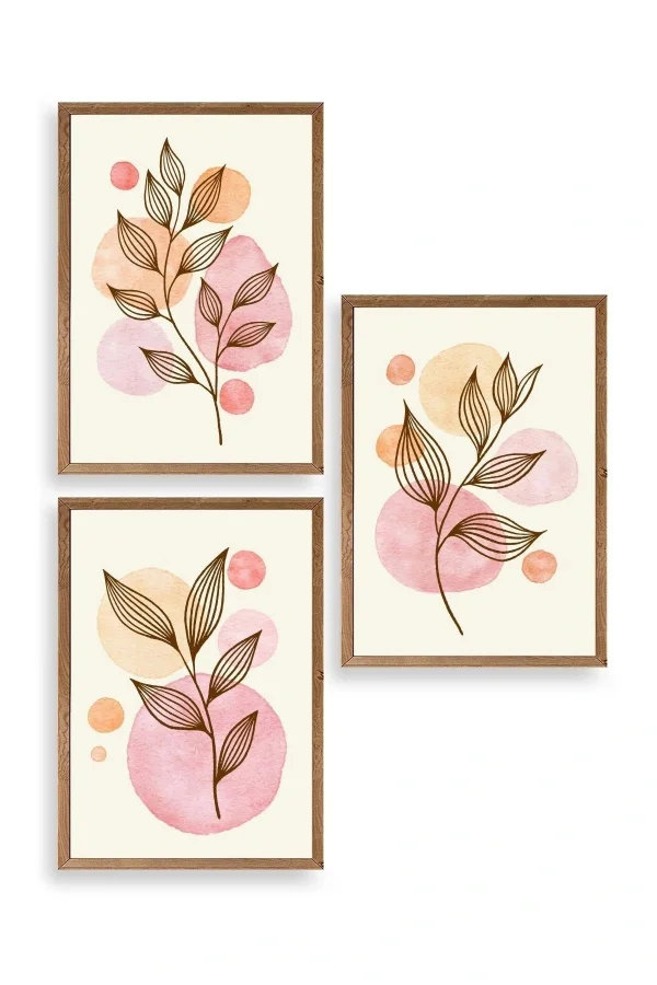 Çiçek Desenli Üçlü Ahşap Çerçeveli Tablo