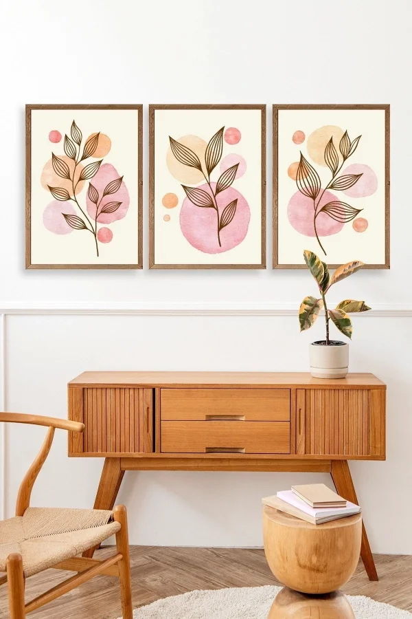 Çiçek Desenli Üçlü Ahşap Çerçeveli Tablo