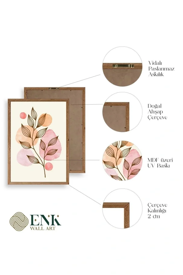 Çiçek Desenli Üçlü Ahşap Çerçeveli Tablo