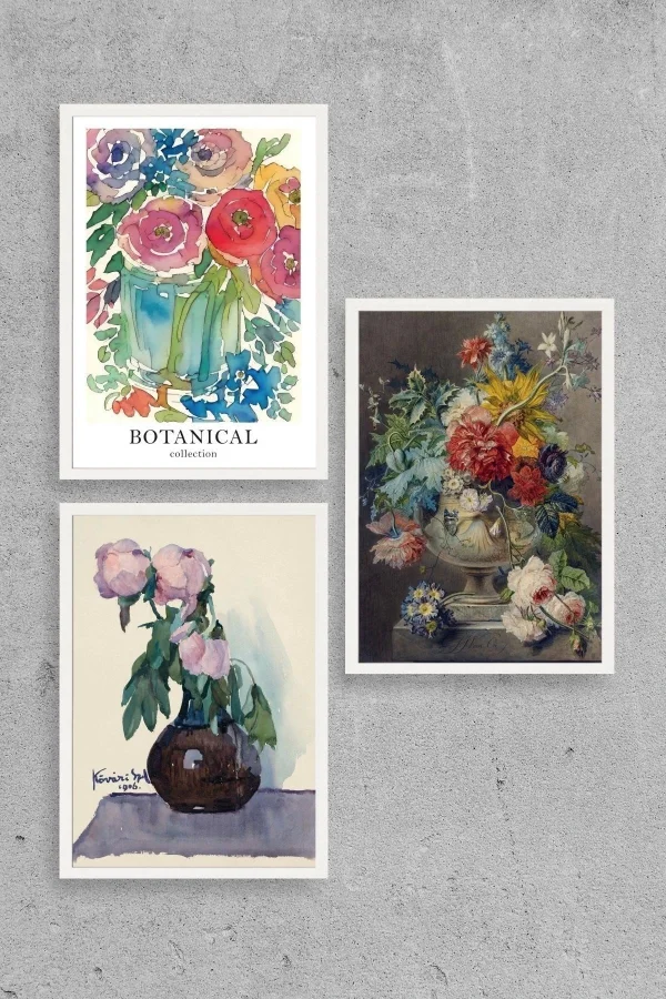 Çiçek Üçlü Ahşap Çerçeveli Tablo