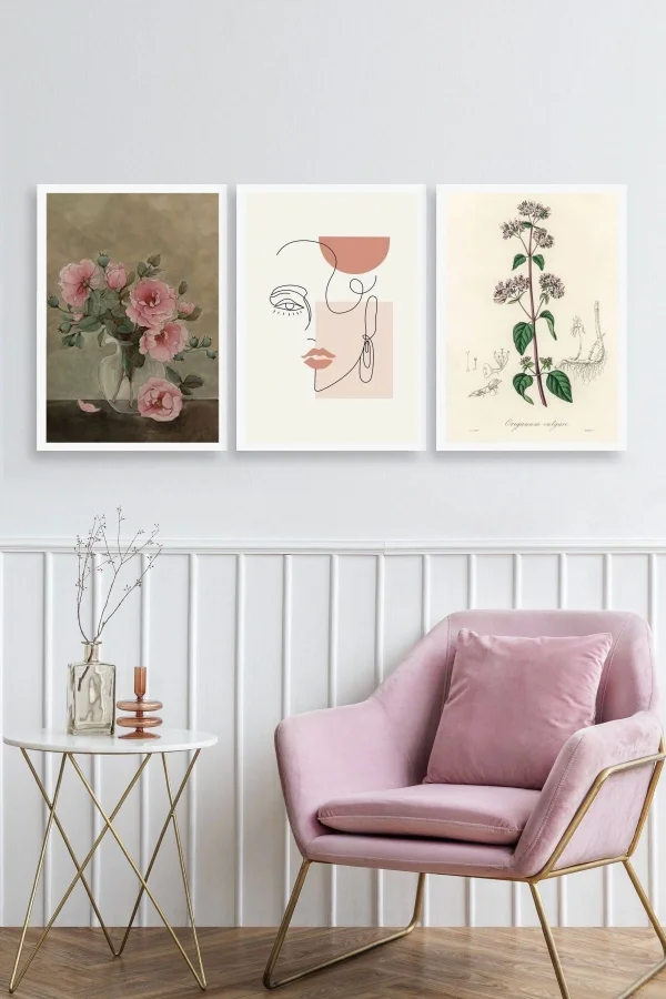 Çiçek Üçlü Ahşap Çerçeveli Tablo