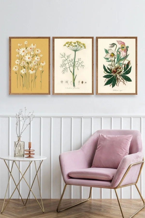 Çiçek Üçlü Ahşap Çerçeveli Tablo