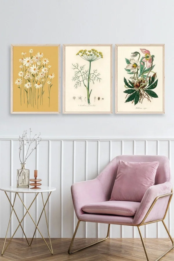 Çiçek Üçlü Ahşap Çerçeveli Tablo