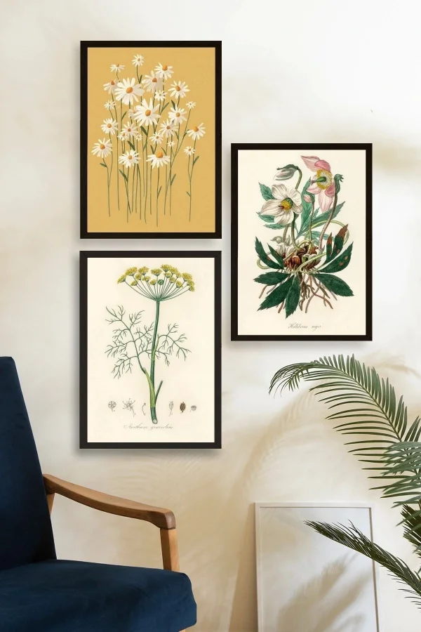 Çiçek Üçlü Ahşap Çerçeveli Tablo