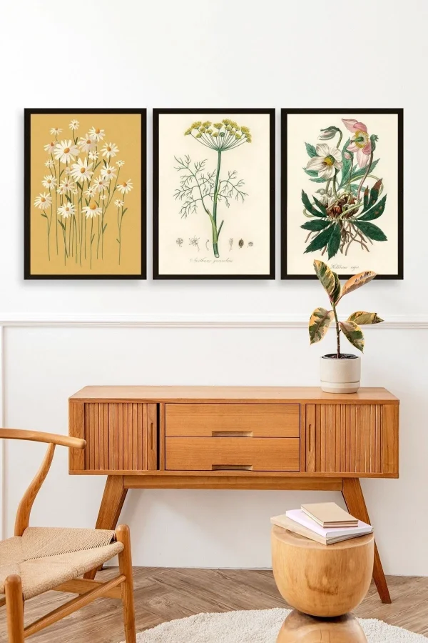 Çiçek Üçlü Ahşap Çerçeveli Tablo