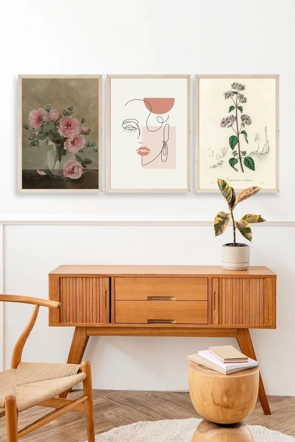 Çiçek Üçlü Ahşap Çerçeveli Tablo