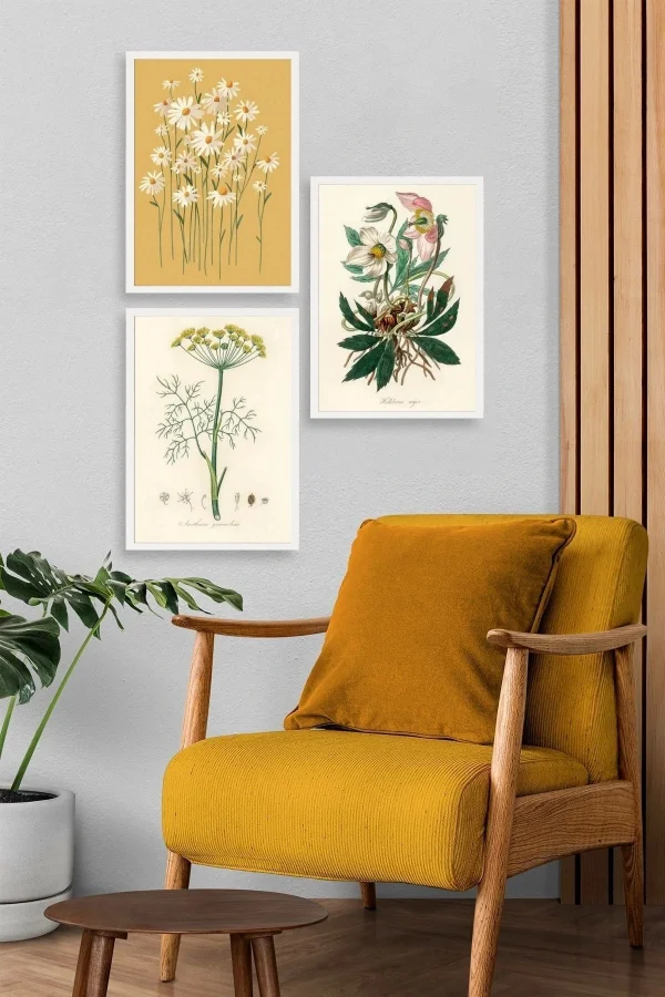 Çiçek Üçlü Ahşap Çerçeveli Tablo