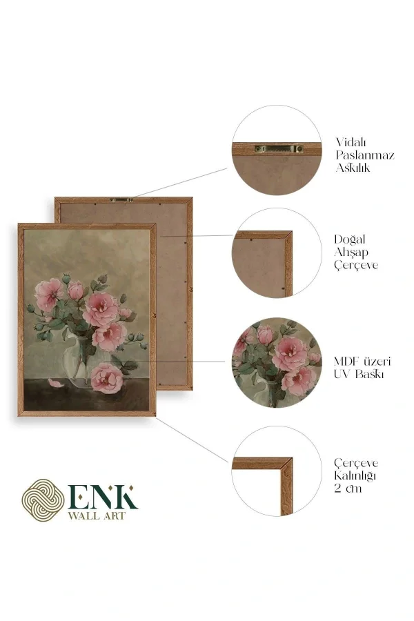 Çiçek Üçlü Ahşap Çerçeveli Tablo