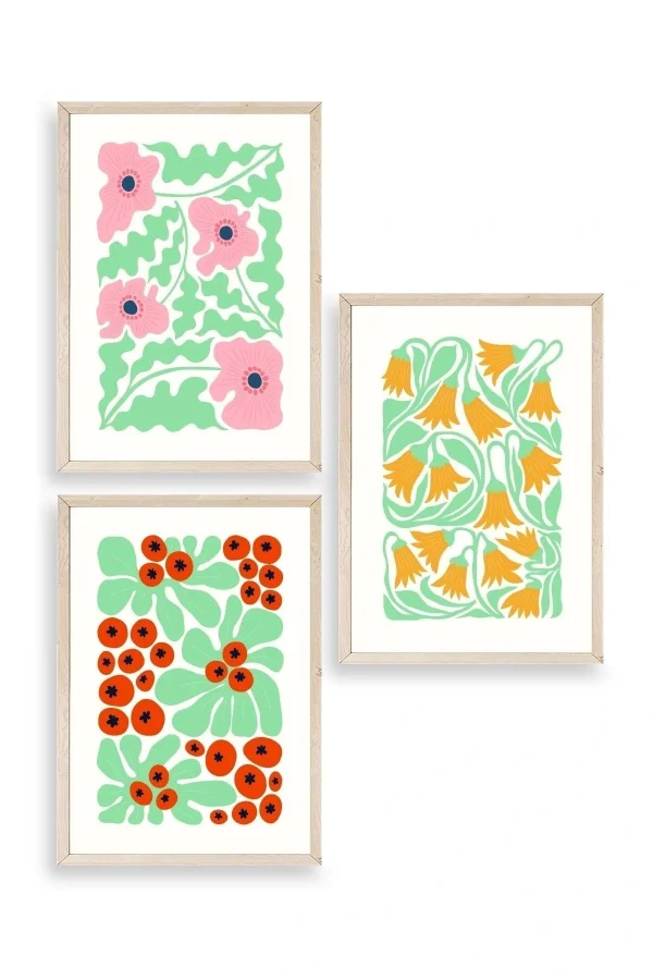 Çiçekler Üçlü Ahşap Çerçeveli Tablo