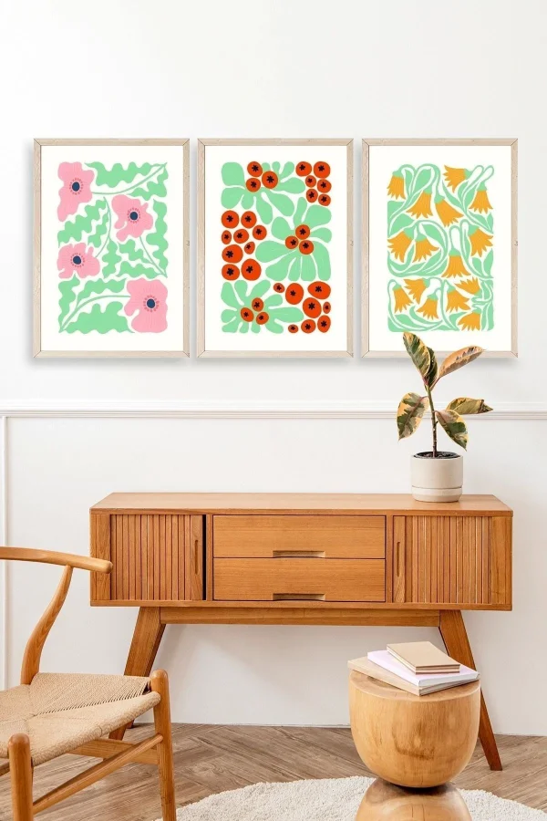 Çiçekler Üçlü Ahşap Çerçeveli Tablo