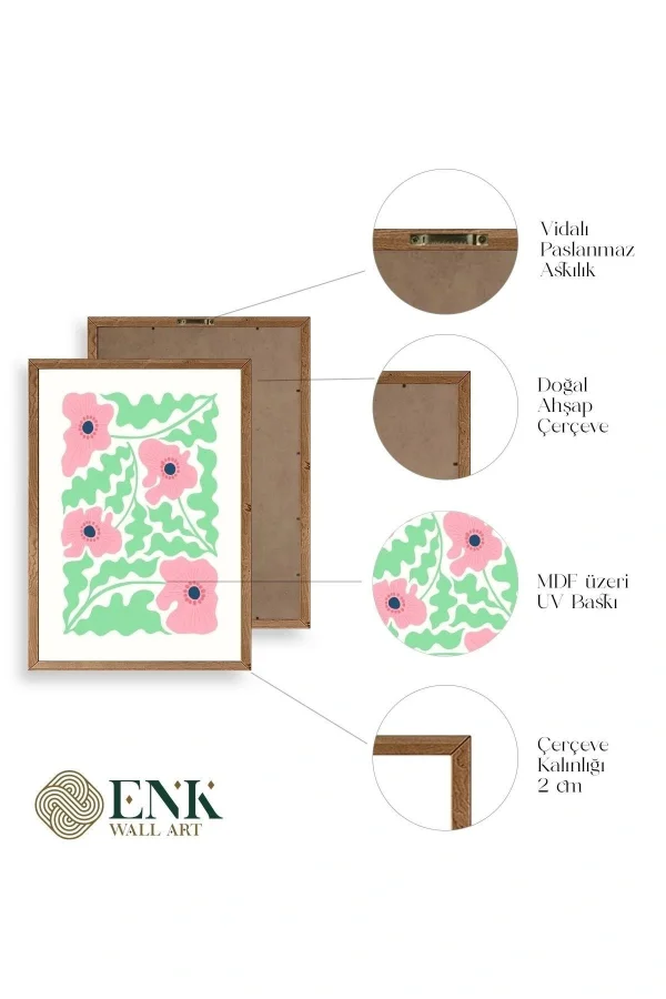 Çiçekler Üçlü Ahşap Çerçeveli Tablo