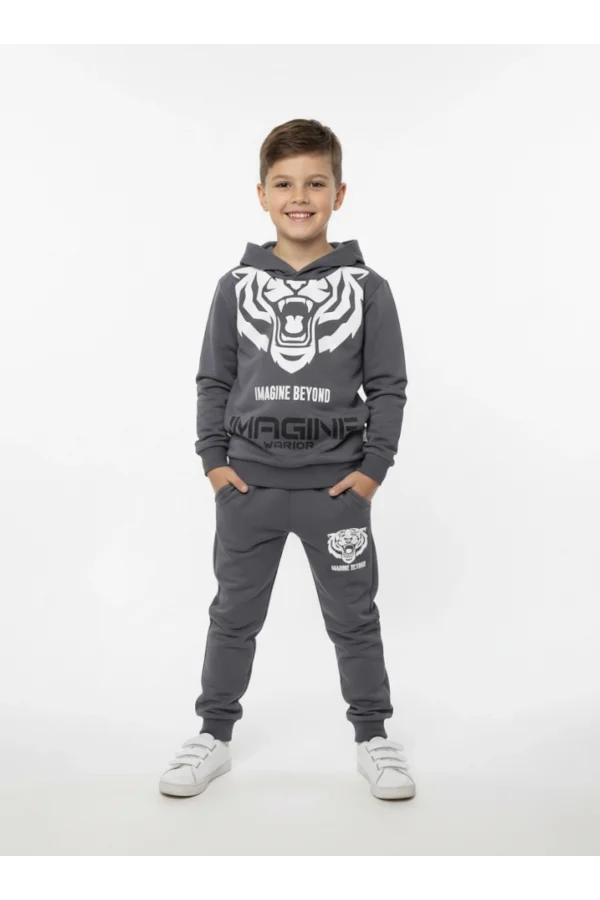 Çocuk Gri Kaplan/Kaplan Başı Baskılı Eşofman Takımı