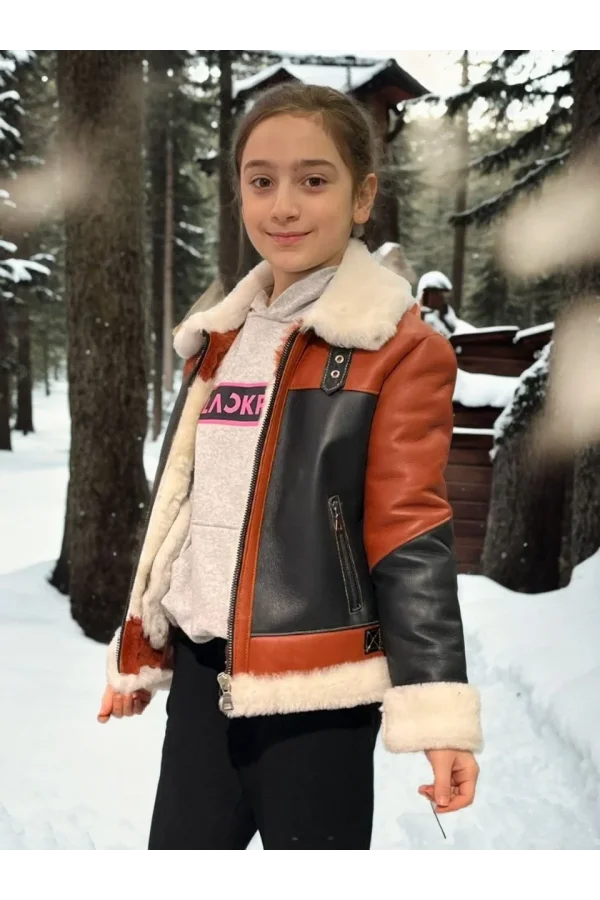 Çocuk Yakalı Parçalı Kürk - Kiremit