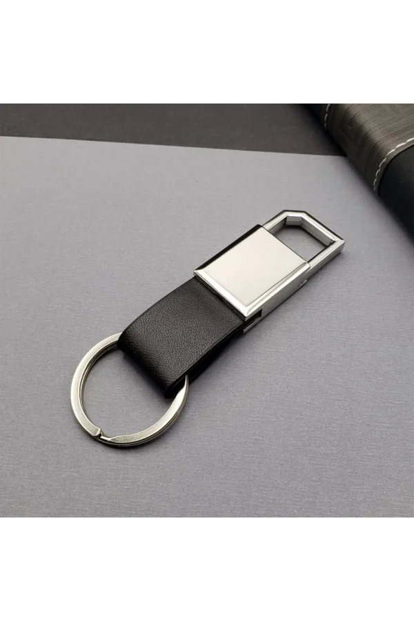 Deri Siyah Gümüş Metal Anahtarlık