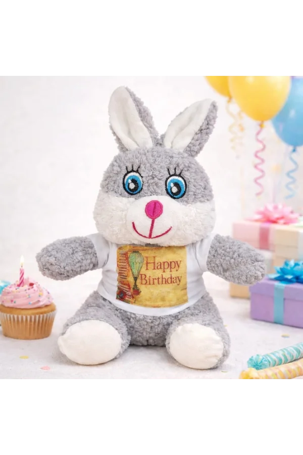 Doğum Günü Tişörtlü Sevimli Peluş Tavşan