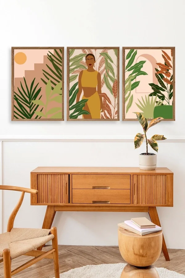 Düşündüren Çiçekli Üçlü Ahşap Çerçeveli Tablo